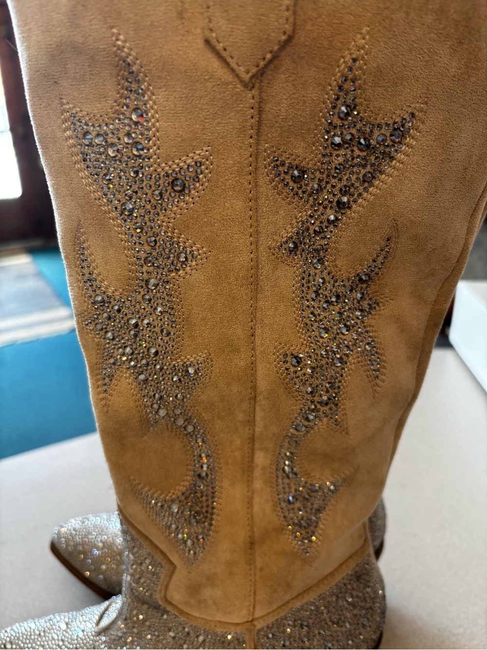 Madden NYC Embellished Cream Suede Western Tall Boots - Picture 10 of 14